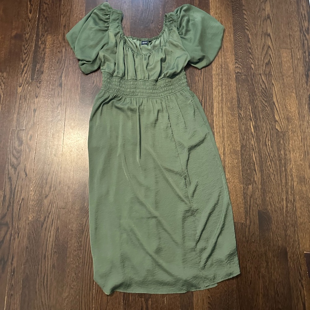 Gap Puff Sleeve Smocked Green Midi Dress - Picture 3 of 9
